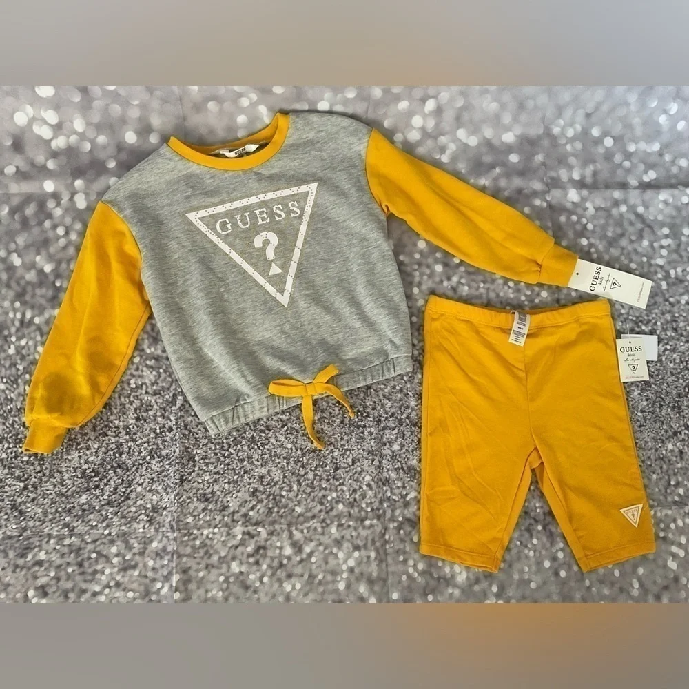 Guess Toddler Girl 2-Piece Grey &Yellow Drawstring Sweatshirt & Bike Shorts Set